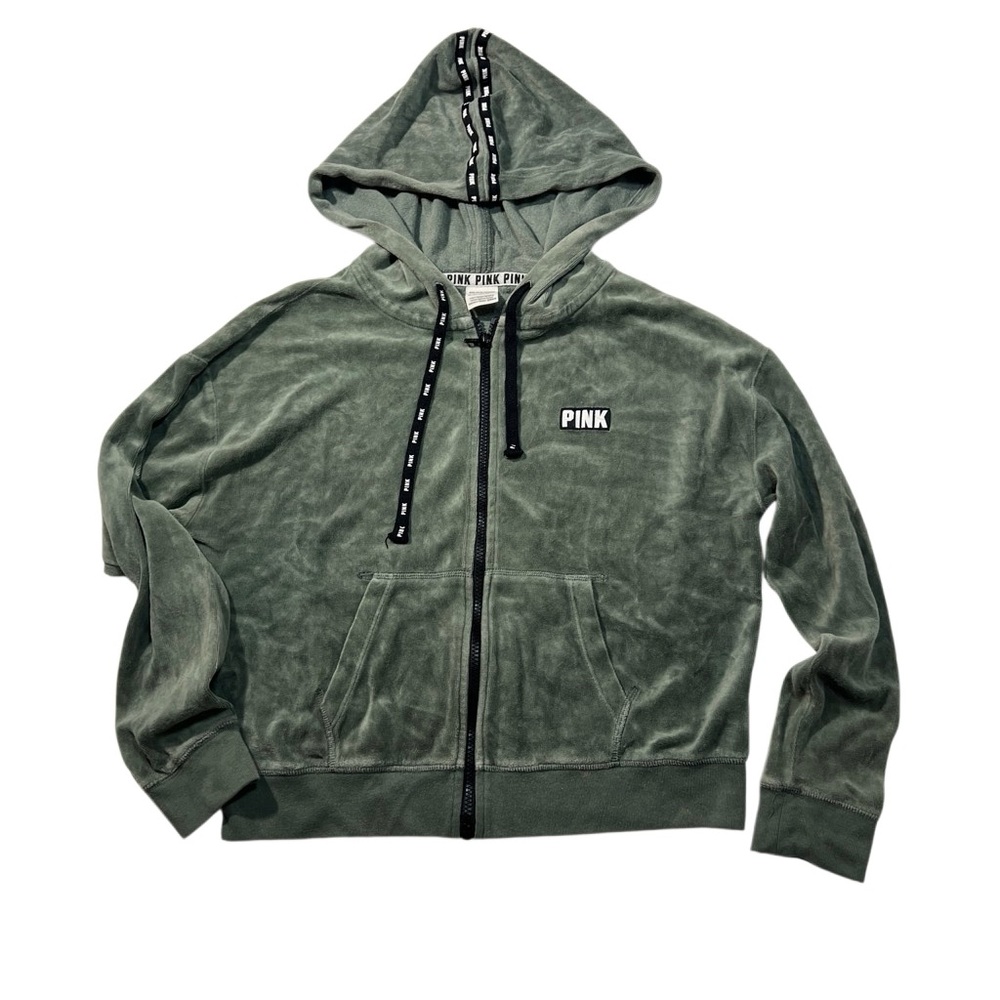 Victoria's Secret Pink Velour Full Zip Hoodie Olive Green